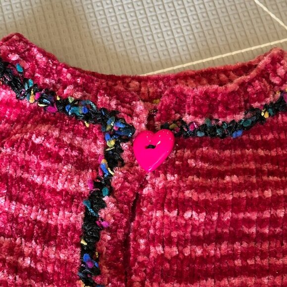 Handknit Girls Pink & Red Button-Up Chenille Sweater with Multicolor Accents - Picture 5 of 6